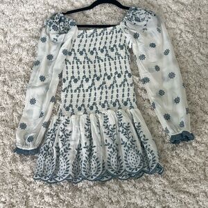 Elegant White and Gray Embroidered Dress